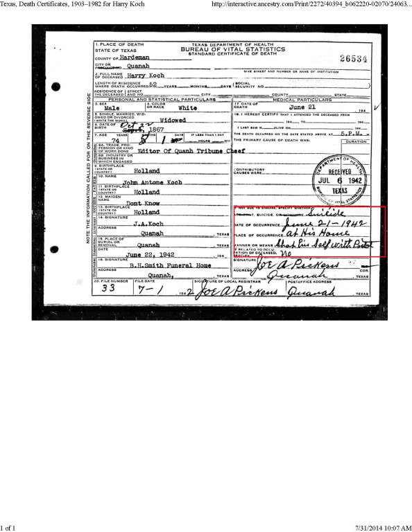 Texas, Death Certificates, 1903–1982 for Harry Koch no index